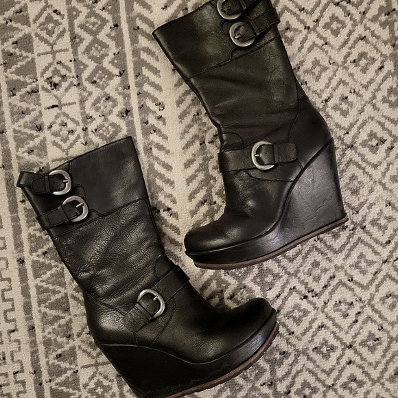 KorkEase Shoes Korkease Black Leather Platform Wedge Boots W Buckle Details Euc Poshmark